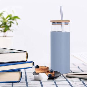 Gobelet en verre avec paille 500 ml, tasse en verre avec manchon en silicone, couvercle en bambou et paille en bois - Product Image 5