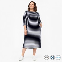 Robe midi décontractée à col bateau et manches 3/4 en coton rayé breton 240 GSM, style chic français, grandes tailles 1X-5X, OEM