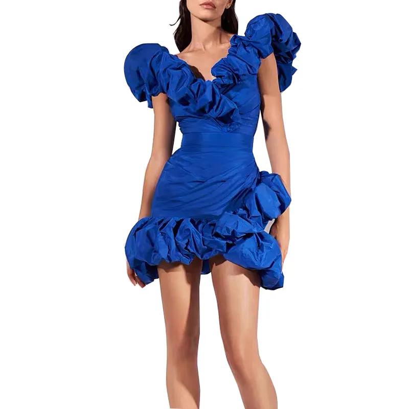 Formal elegance irregularity puff neckline and bottom sexy robe Temperament Blue Strapless Party Dress