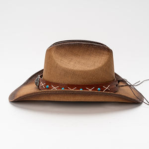 Chapeau de cowboy rayé de style western rétro américain, chapeau de soleil en paille à large bord, unisexe, décontracté, plage, extérieur - Product Image 5