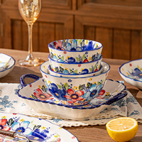 Set Peralatan Makan Keramik Motif Bunga Musim Panas Buatan Tangan Termasuk Mangkuk, Piring Ikan, Hadiah, Lukisan Underglaze, Hadiah Pernikahan, Mangkuk Sup/Nasi
