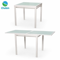 Table à manger extensible en aluminium avec plateau en verre, table de jardin extérieure, mécanisme d'extension 90-160 cm