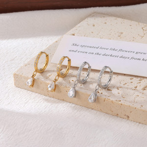 Nouveauté mode, boucles d'oreilles créoles brillantes en acier inoxydable plaqué or 18 carats, hypoallergéniques, avec pendentif en zircon en forme de larme pour femmes - Product Image 1