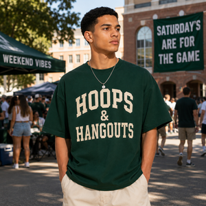T-shirt unisexe Hoops & Hangouts pour le jour du match du samedi, col rond, manches courtes, vert, vêtement de basketball, imprimé, coupe décontractée - Product Image 2