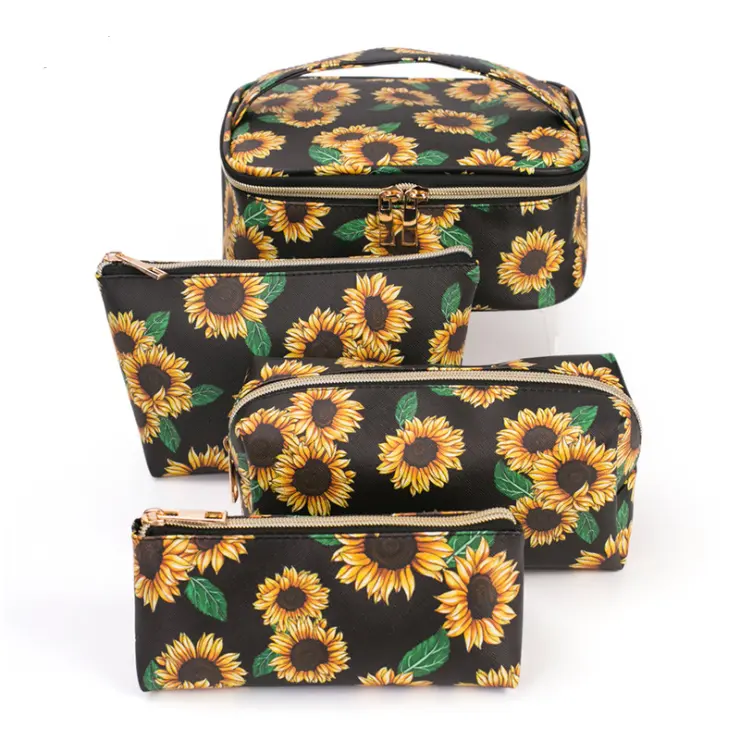 sun flower PU leather cosmetic bag small make up bags with logo stamping travel wash bag sets