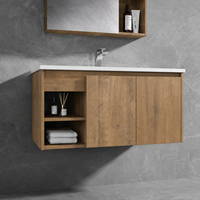 Ensemble de meuble-lavabo mural de salle de bain moderne de luxe en chêne mat avec vasque de rangement et armoire miroir sur le dessus du meuble-lavabo