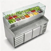 Table de préparation réfrigérée pour salades de restaurant, plan de travail en granit, réfrigérateur pour sandwichs et pizzas avec protection anti-éclaboussures en verre