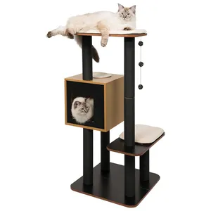 高底座、黑色吊床和抓挠柱的黑猫树塔-室内猫的理想选择