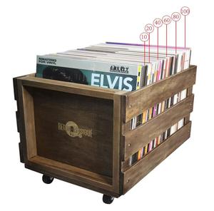 Retro Musique Wooden Vinyl LP Record Storage Crate on Wheels for Easy Mobility | Holds 80-100 LP's