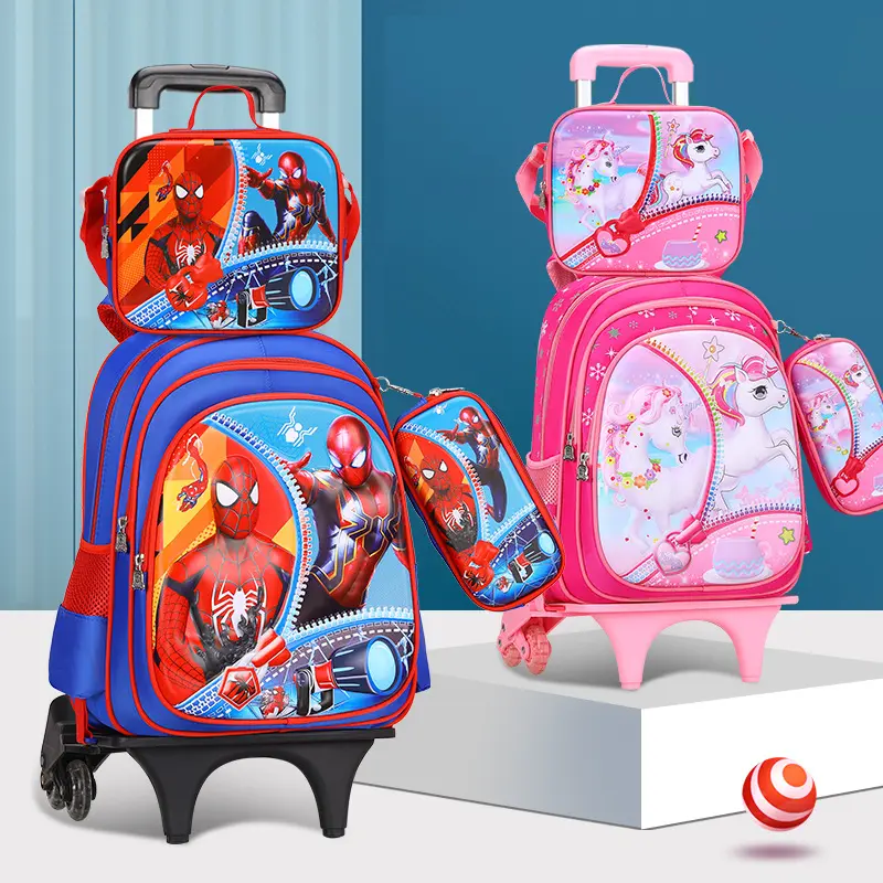 3 in 1 Back to School Backpack Set School Bag Kids 2 Wheel Trolley Luggage School Bags for Girls