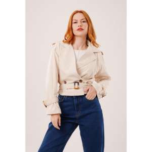 Gabardina de Mujer Color Crema, Manga Larga, Resistente al Viento, Otoñal, Informal, Tejido de Tela - Product Image 6