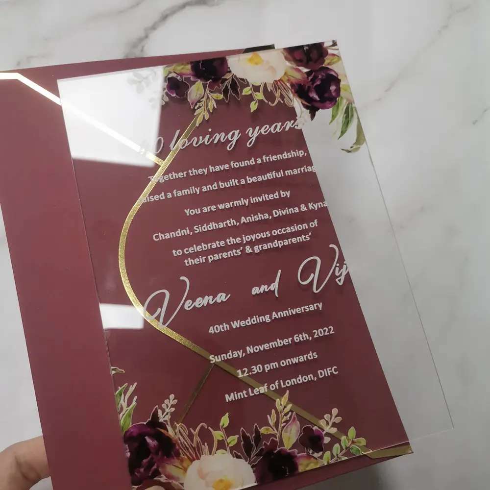 Design Floral acrylique transparent Invitation de mariage enveloppe à bordure dorée cartes d'invitation