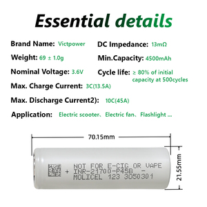 แบตเตอรี่ลิเธียมแบบชาร์จได้ 3.7V Inr21700 P45B 4500mah อุณหภูมิต่ำ 45A กระแสปล่อยสูงสุด 800 รอบการใช้งาน - Product Image 4
