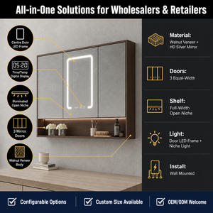 Armadietto a Specchio LED Intelligente da <span class=keywords><strong>Bagno</strong></span>, Montaggio a Parete, Telaio in Alluminio, Tre Ante, Antiappannamento, Dimmerabile, Sensore Touch, Ripiano Portaoggetti - Product Image 3
