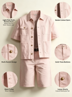 Setelan Kemeja Denim Lengan Pendek Multi-Saku Warna Pink Muda Pria 2026, Celana Pendek, Fit Longgar, Kancing Warna Emas, Cepat Kering, Kasual