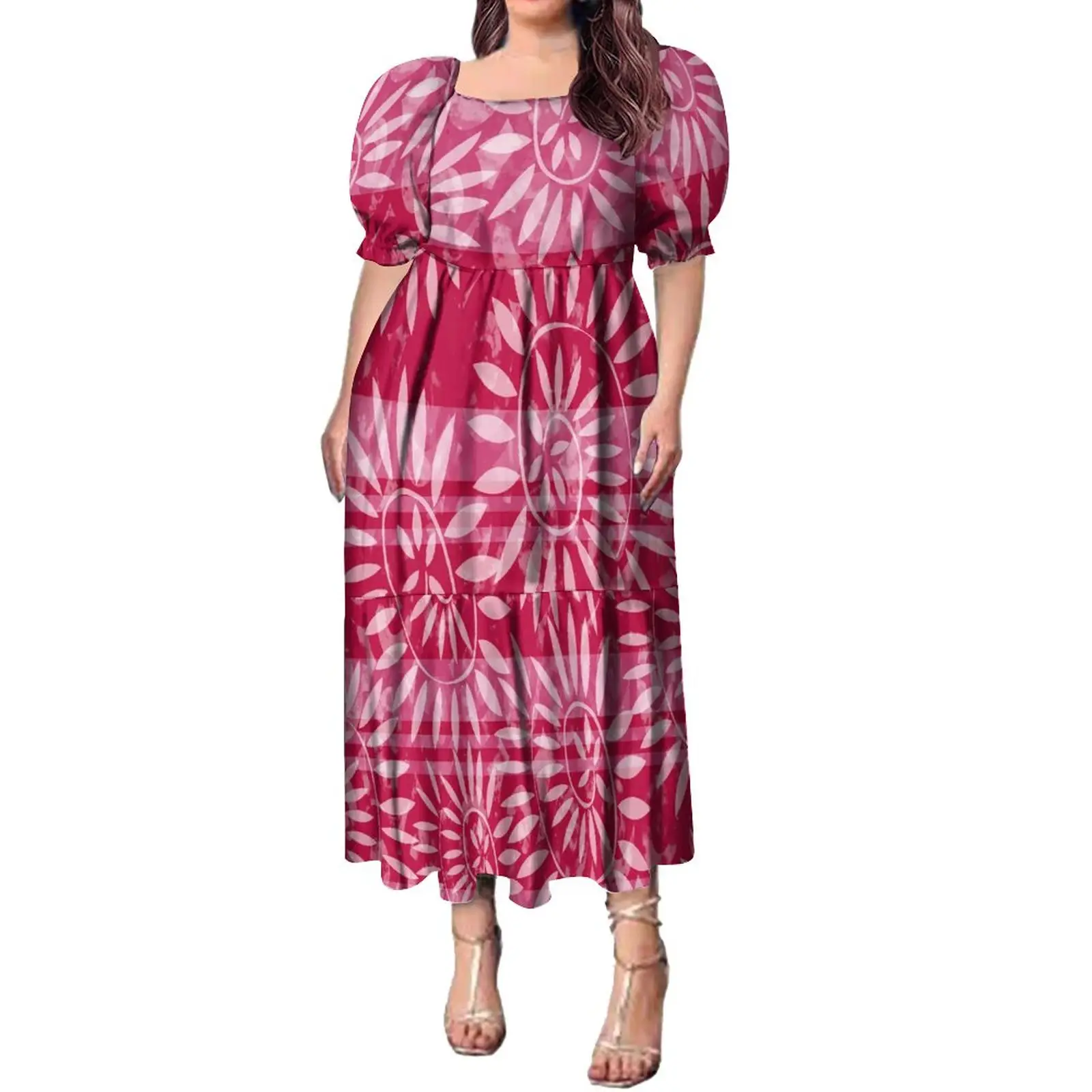 Hot Selling Red Polynesian Tribal Design Fashion Bubble Short Sleeve Dress Melanesia Style Low Price Bubble Short Sleeve Dress
