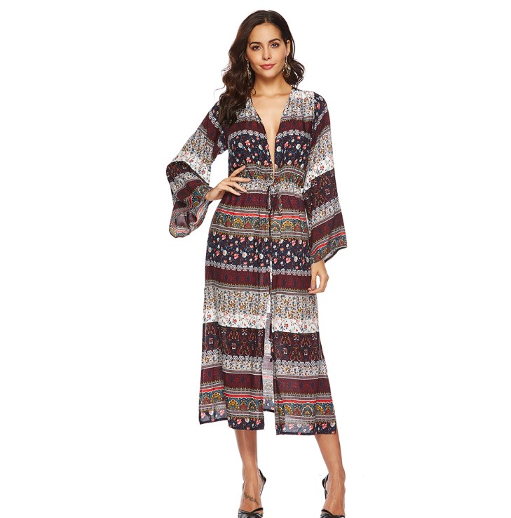 Southeast Asia Hot Sale Style Women Dress Bohemian V-neck Lace-up Print Lady Maxi Dress Clothing