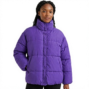Purple Puffer Jacket Unisex Winter Casual Thick Windproof Zipper Closure Regular Fit Loose Style Solid Color Plain Dyed - Product Image 1
