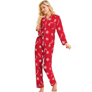 Conjunto de Pijamas Femininos de Natal e Ano Novo Estilo Europeu-Americano com Lapela, Mangas Longas e Calças Longas para Uso em Casa - Product Image 5
