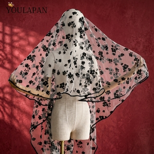 YouLaPan V329 Velo da Sposa Nero in Tulle Floreale, Velo Lungo a 1 Strato con Bordo Nero per la Sposa - Product Image 6