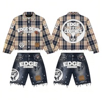 Ensemble de survêtements vintage 2 pièces pour hommes : Jorts en jean délavé avec strass et chemises en toile à carreaux imprimées