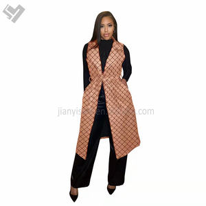 معطف طويل من الصوف للنساء، صدرية فاخرة بلا أكمام للخريف والشتاء، كارديجان بتصميم مطبوع وياقة مطوية ورقبة على شكل V مع حزام - Product Image 2