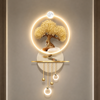 Décoration murale 3D LED Arbre Doré en Porcelaine Cristalline avec Anneau Lumineux Suspendu pour Entrée, Couloir, Salon, Intérieur d'Hôtel
