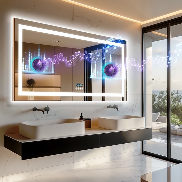 Wall Mounted Bluetooth Speaker Anti-Fog Smart Bathroom Mirror with Time Temperature Display for Hotel Double Sink Vanities