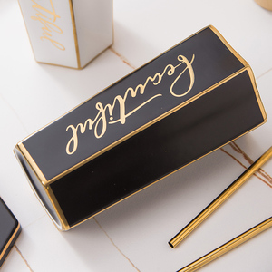 500ML <b>Large</b> Capacity Gold-Rimmed Ceramic Drink Cup Rhomboid Personalized <b>Mugs</b> With Ceramic Lid and Gold Straw - Product Image 2