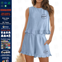 Tenues 2 pièces pour femmes ensembles d'été sans manches col haut à volants hauts et shorts taille haute avec poches survêtements