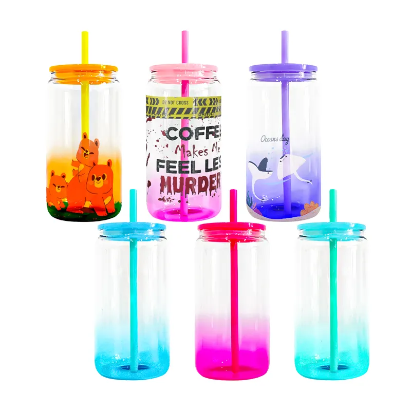 Schlussverkauf 16 Unzen Glasdose Trinkbecher Sublimation gelee Dose Gläser Ombre Farbwechsel mit Kunststoffdeckel farbige Strohhalme