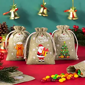Hot Sell Reusable Christmas Decoration Supplies Holiday Party Xmas Candy Burlap Gift Linen Jute Drawstring Bag