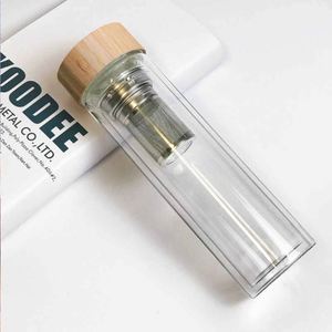 Vaso de vidrio de doble pared con tapa de madera e infusor para viajes, diseño minimalista para adultos, tapa de rosca. - Product Image 3