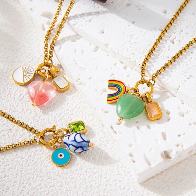 Fashion Accessory Wholesale 18K Gold Plated Geometric Rainbow Zircon Drop Heart Necklace