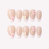 Faux ongles à presser en acrylique, courts, doux, style français, motif fleur 3D rose-jaune, forme amande, sublimes pour la peau, pour mariages, occasions spéciales et personnalisables