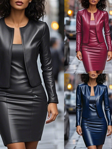 Ensemble femme élégant et chic, veste en <span class=keywords><strong>cuir</strong></span> PU à manches longues, coupe ajustée taille haute, <span class=keywords><strong>jupe</strong></span> courte, style business décontracté - Product Image 5