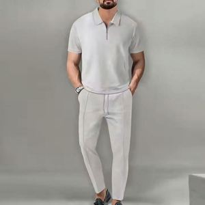 I-0497 Ensemble d'été deux pièces pour homme, style streetwear formel, écologique, couleur unie, col montant, manches courtes, fermeture éclair - Product Image 5