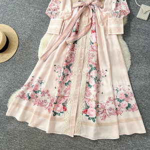 Abito da <span class=keywords><strong>Donna</strong></span> Stile Francese Vintage con Stampa Floreale, Maniche Lunghe, Vita Definita, Linea ad A, Abito da Vacanza, Moda Femminile - Product Image 4