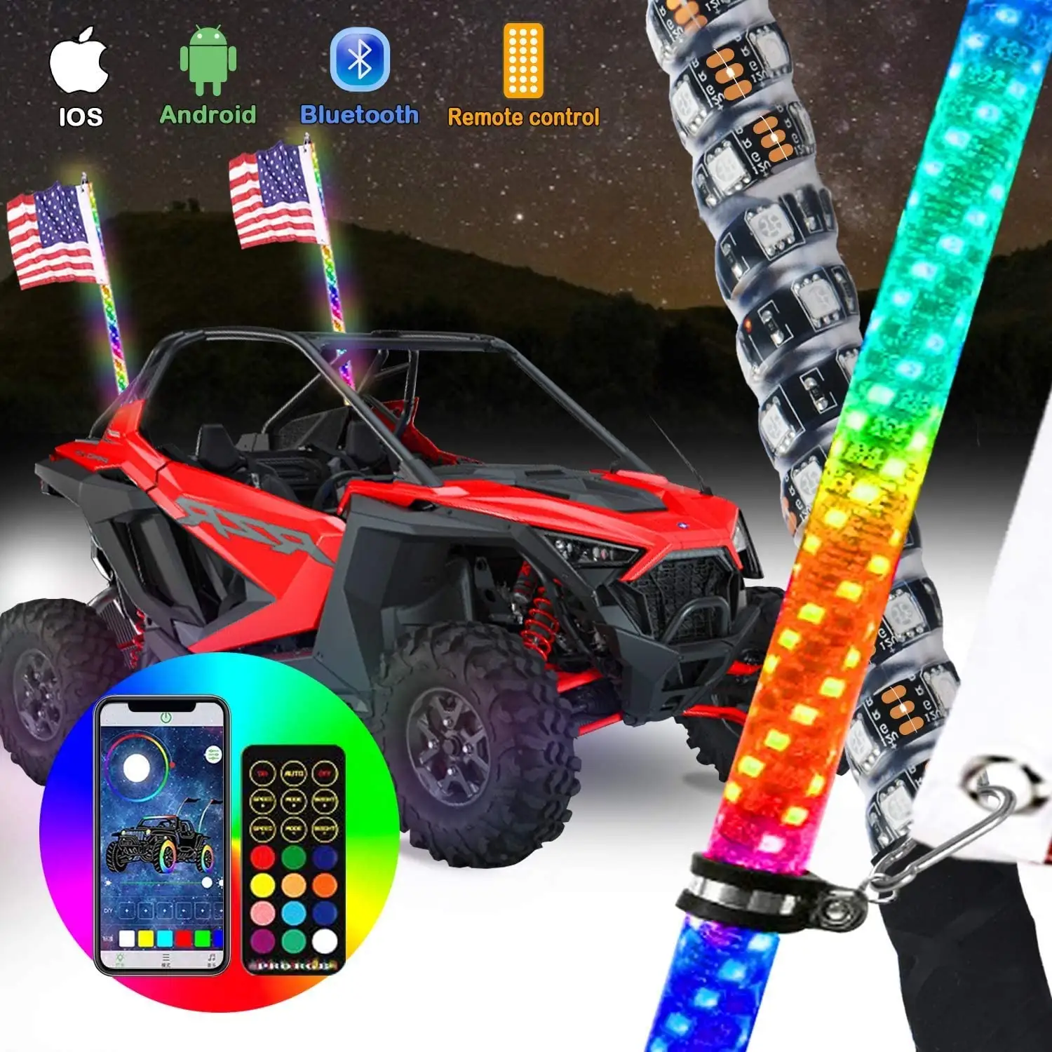 Light Whip QEEDON US Warehouse 3/4/5/6ft LED Whip Flag Lights RGB Waterproof Remote Control Buggy Whip Antenna LED Multicolor Dance Pole