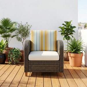 Outdoor Wood Garden <b>Chair</b> with Yellow Striped <b>Cushion</b> Contemporary Design Durable Frame Turned Legs for Living Room & <b>Dining</b> - Product Image 1