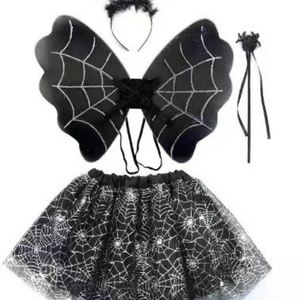 Ensemble de 4 pièces pour enfants : Ailes de chauve-souris, baguette magique, tutu et costume d'ange/diable noir avec bandeau pour Halloween - Product Image 5