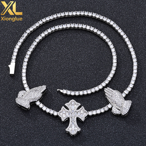 European American Vintage S925 Silver Moissanite <b>Cross</b> Praying Hands Tennis <b>Chain</b> Custom Hip Hop Men's Necklace - Product Image 6