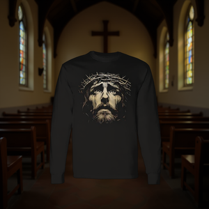 Camiseta de Manga Larga con la Cara de Jesucristo y Corona de Espinas, Unisex para Adultos, Cuello Redondo, Impresión Digital, Regalo Religioso para Iglesia - Product Image 3