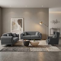 Canapé moderne 3 places en velours gris, rembourré en mousse, avec décorations en acier argenté, ensemble de canapés de luxe sur mesure 123 pour villa, ensemble de salon