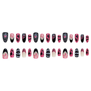 Uñas Postizas de Halloween, Color Rosa y Negro, con Diseño de Fantasma, Murciélago y Araña, Forma Almendrada, para Fiestas y Salones de Belleza - Product Image 3