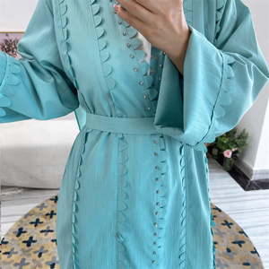 Kimono Diamant Cristal Décoration Manches Longues Femmes Musulmanes Vêtements Islamiques Dubaï Ouvert Devant Crêpe <span class=keywords><strong>Abaya</strong></span> Avec Poches - Product Image 2