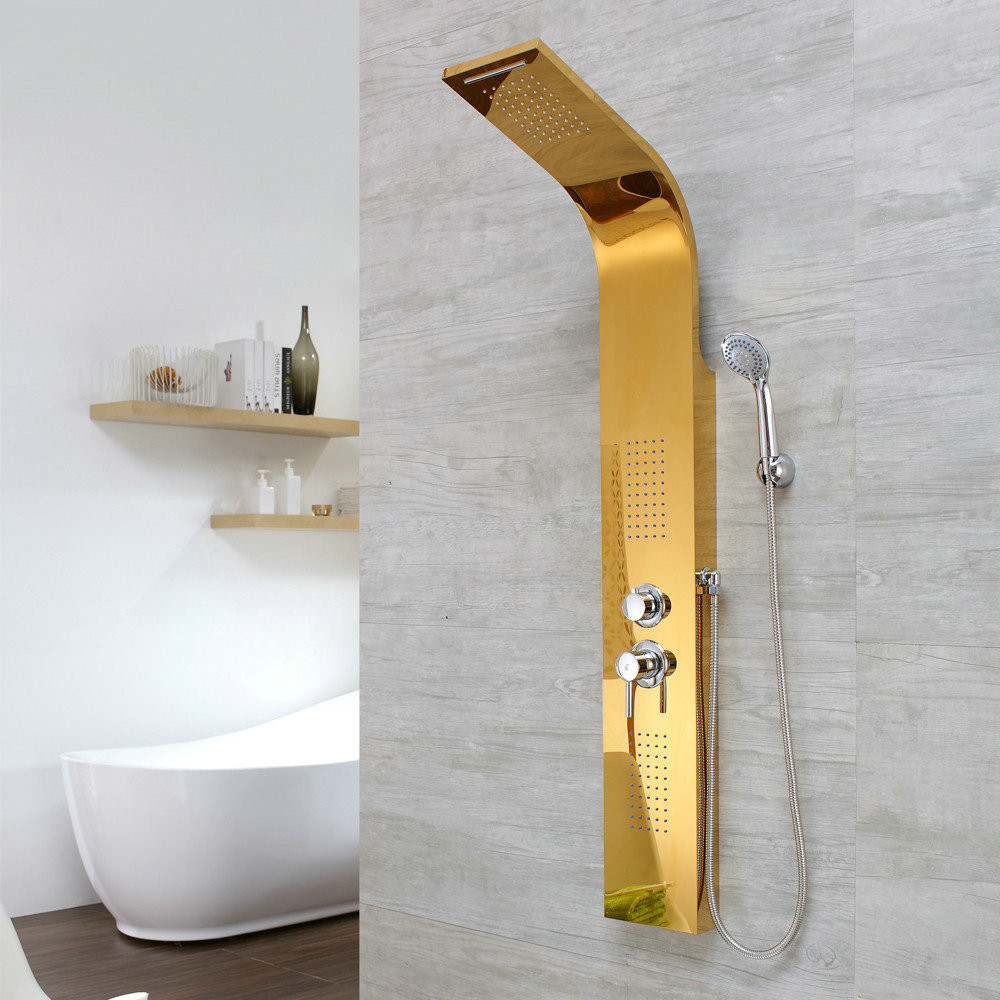 Wholesales Polished Finishing Shower Column Waterproof SUS 304 Stainless Steel Shower Panel In Golden Mirror Color