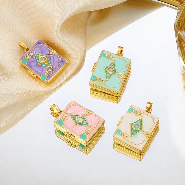 P313 Book  Openable Lockets 18K Gold Plated Copper Colorful Enamel Zircon Inlaid Spiritual Jewelry Charms for DIY Jewelry Making