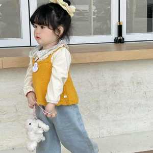 Tongxingyuan Girls Yellow Knit Vest Shirt And Wide Leg Jeans Set Spring Autumn Three Piece Outfit - Product Image 3