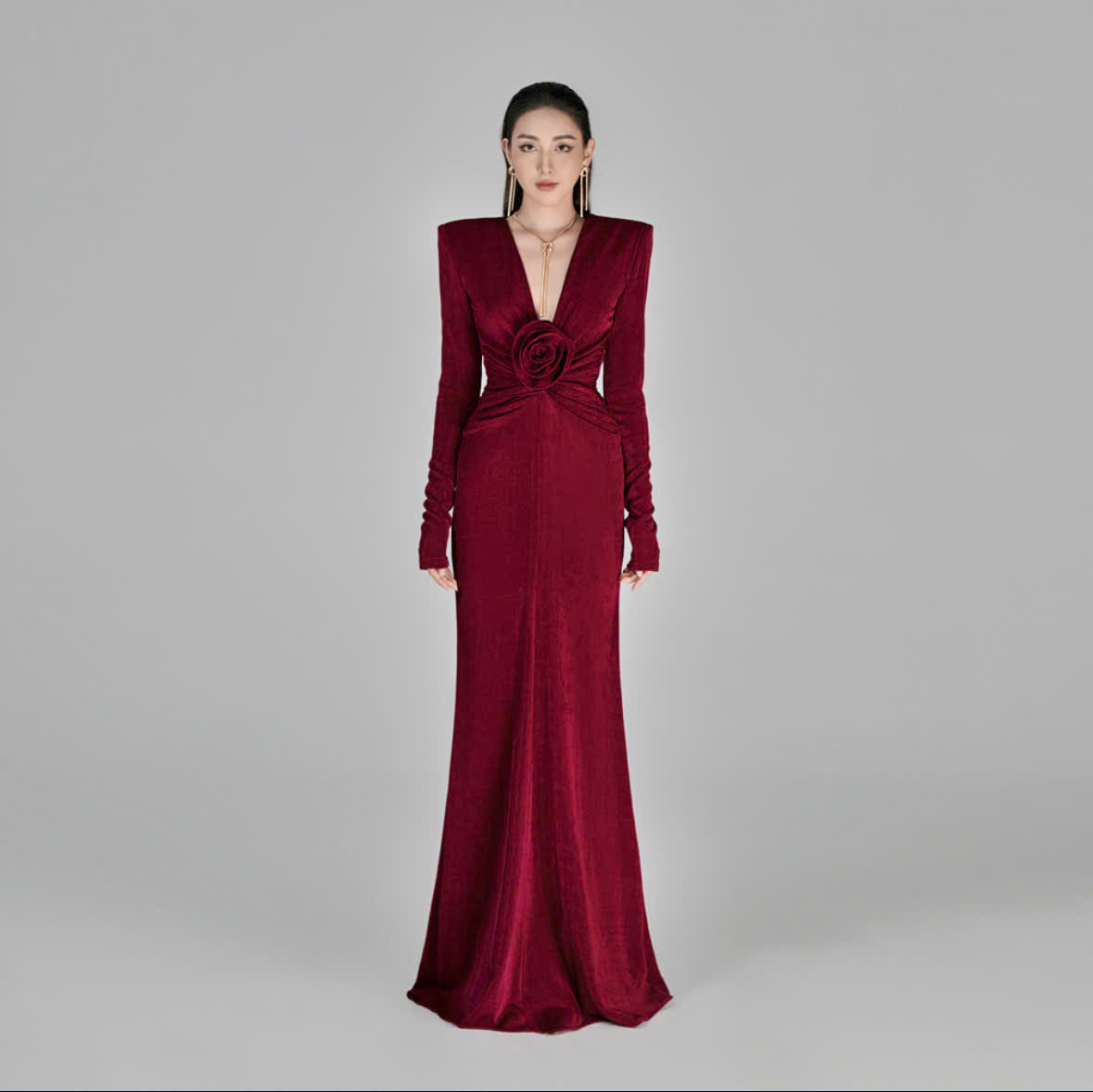 Burgundy Velvet Long Sleeve Gown - Perfect for Formal Events Burgundy Velvet Long Sleeve Gown - Perfect for Formal Events